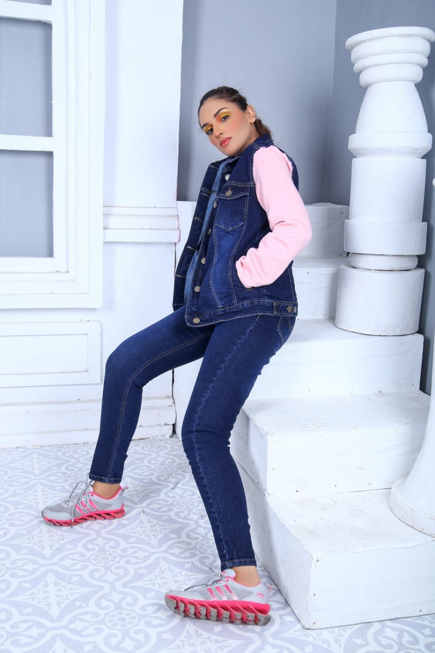 Women's Denim Jacket with Red Sleeves
