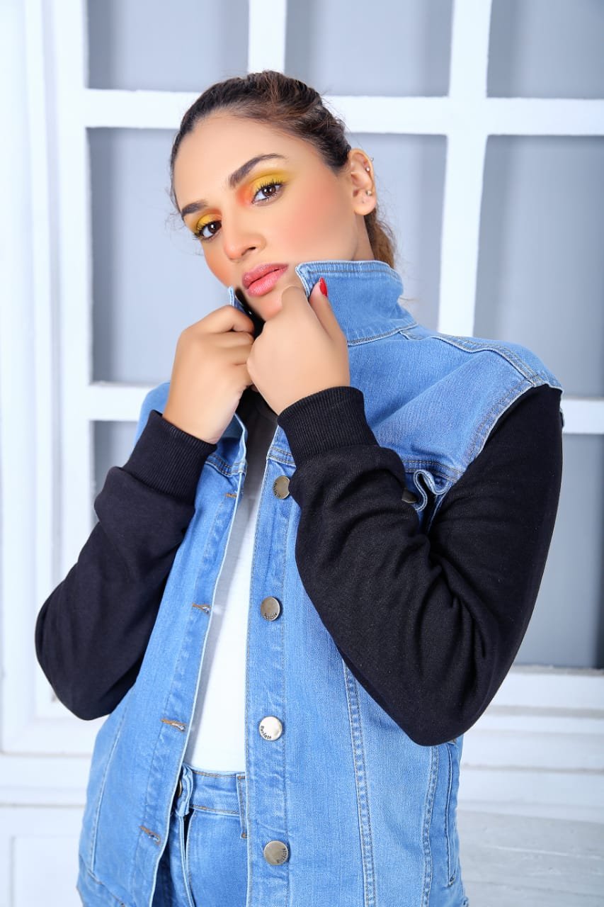 Women's Denim Jacket with Red Sleeves