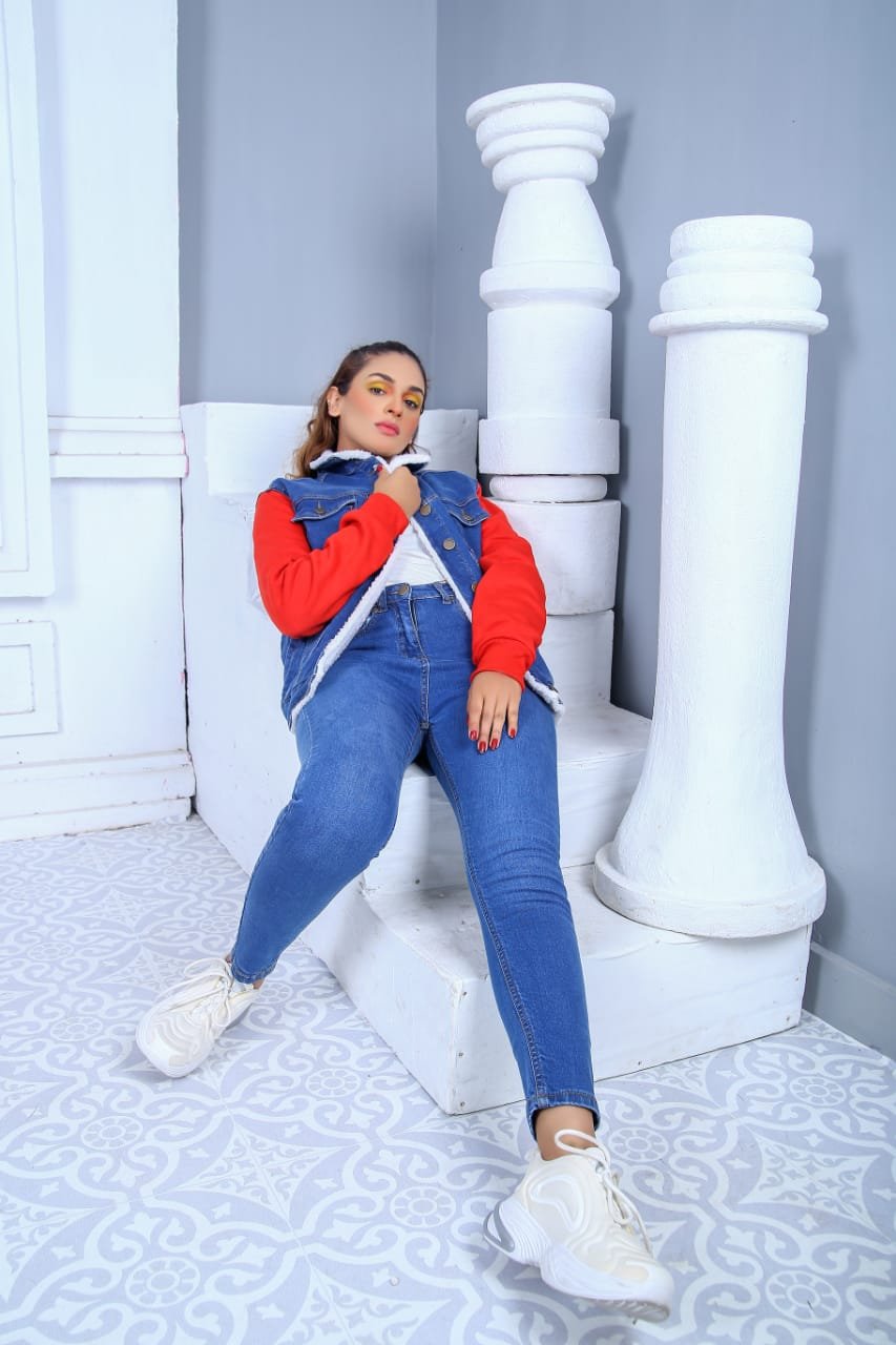 Women's Denim Jacket with Red Sleeves