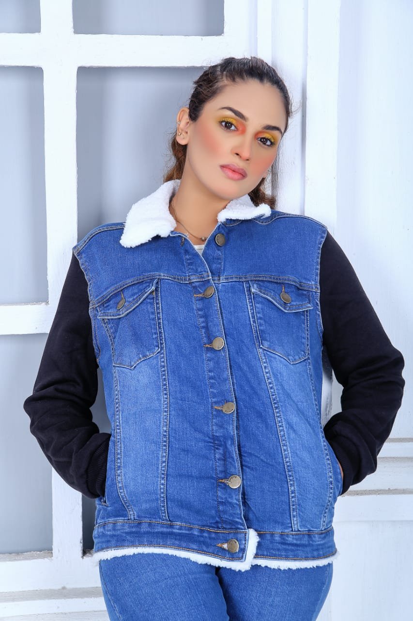 Women's Denim Jacket with Red Sleeves