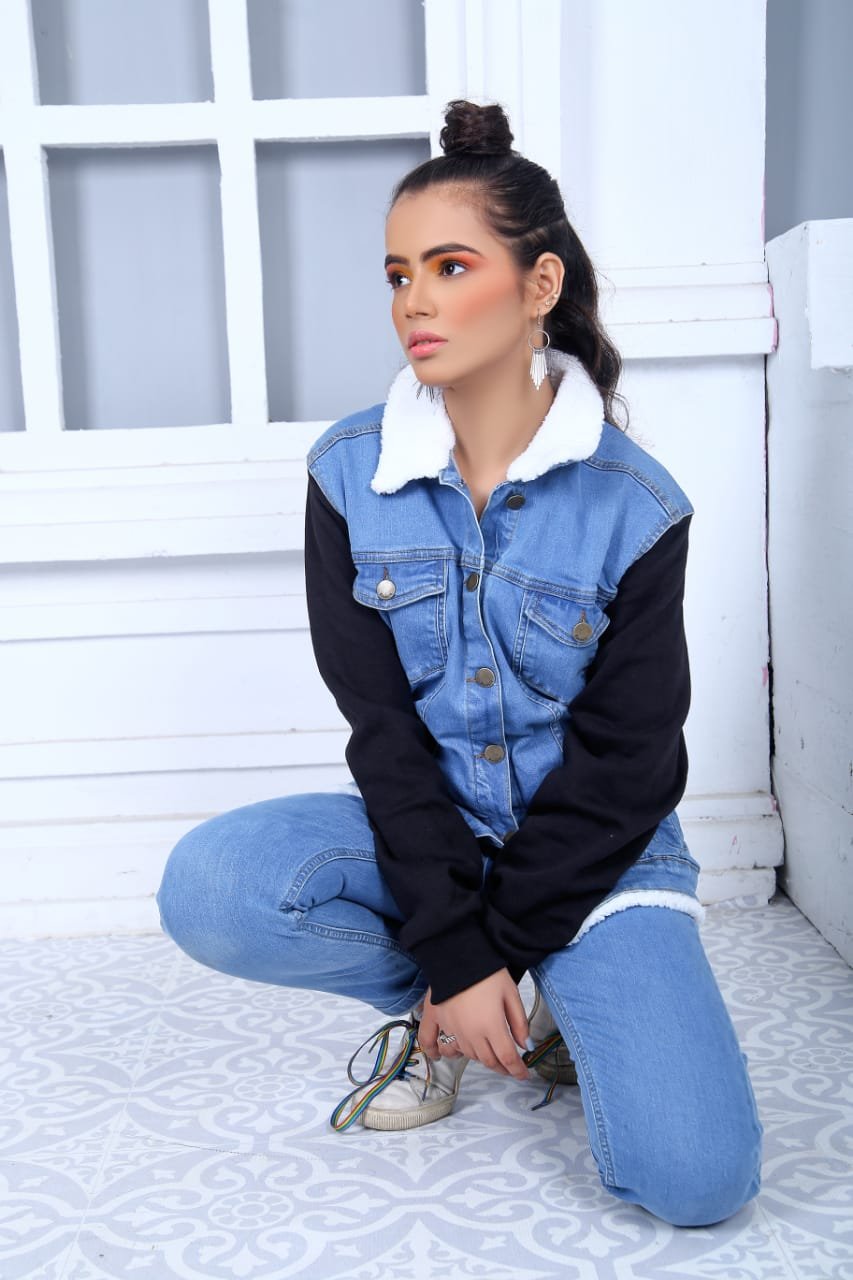 Women's Denim Jacket with Red Sleeves