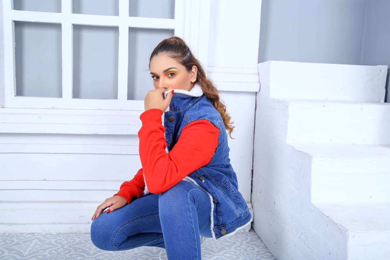 Women's Denim Jacket with Red Sleeves
